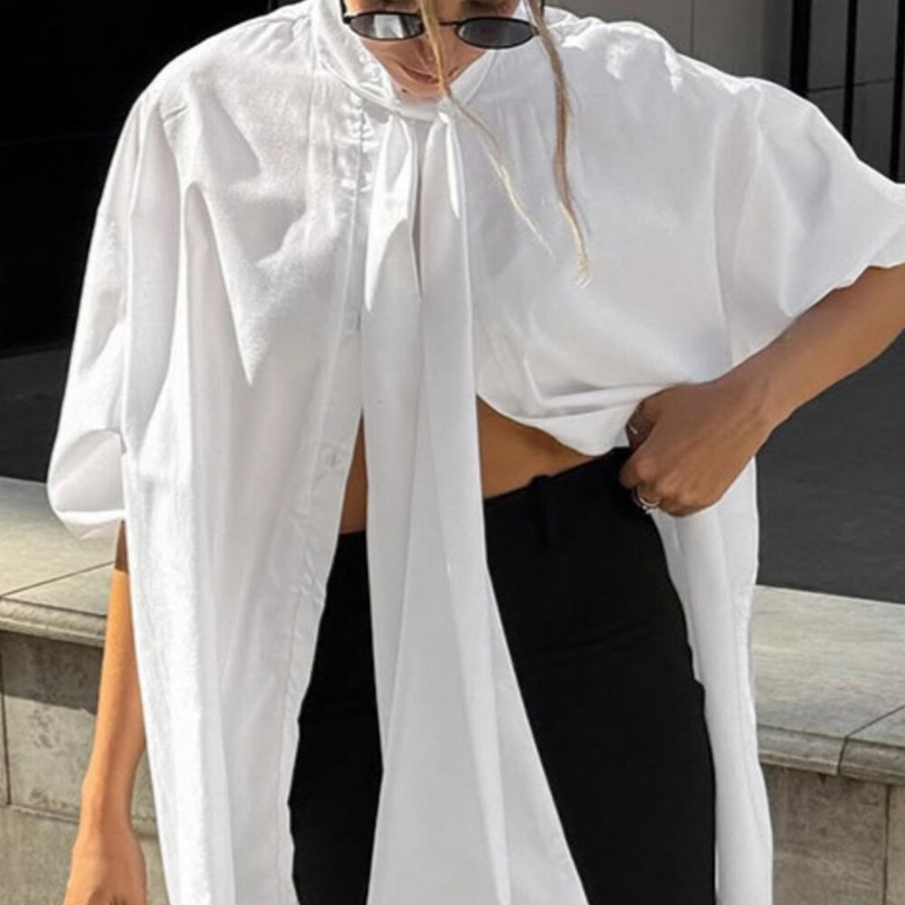 Tied Button Up Puff Sleeve Shirt - Picture 2 of 8